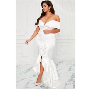 Throw the Bouquet Gown White Satin Off-Shoulder High Split Dress 1X